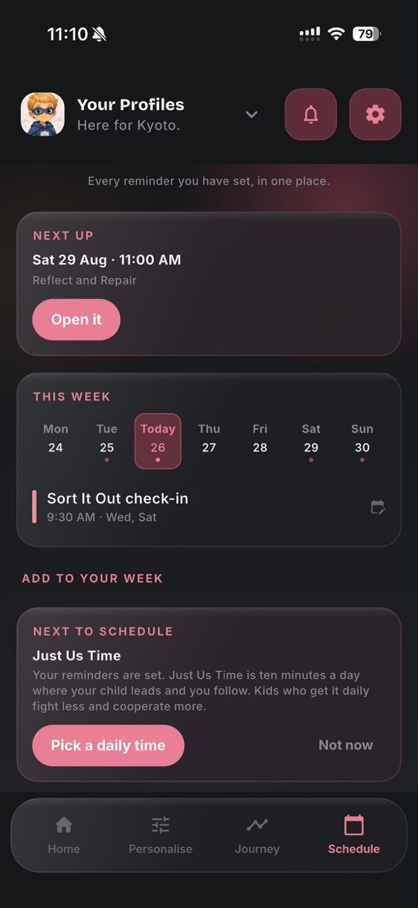 Schedule tab in dark mode, every reminder in one place, with next up Reflect and Repair and a Just Us Time suggestion