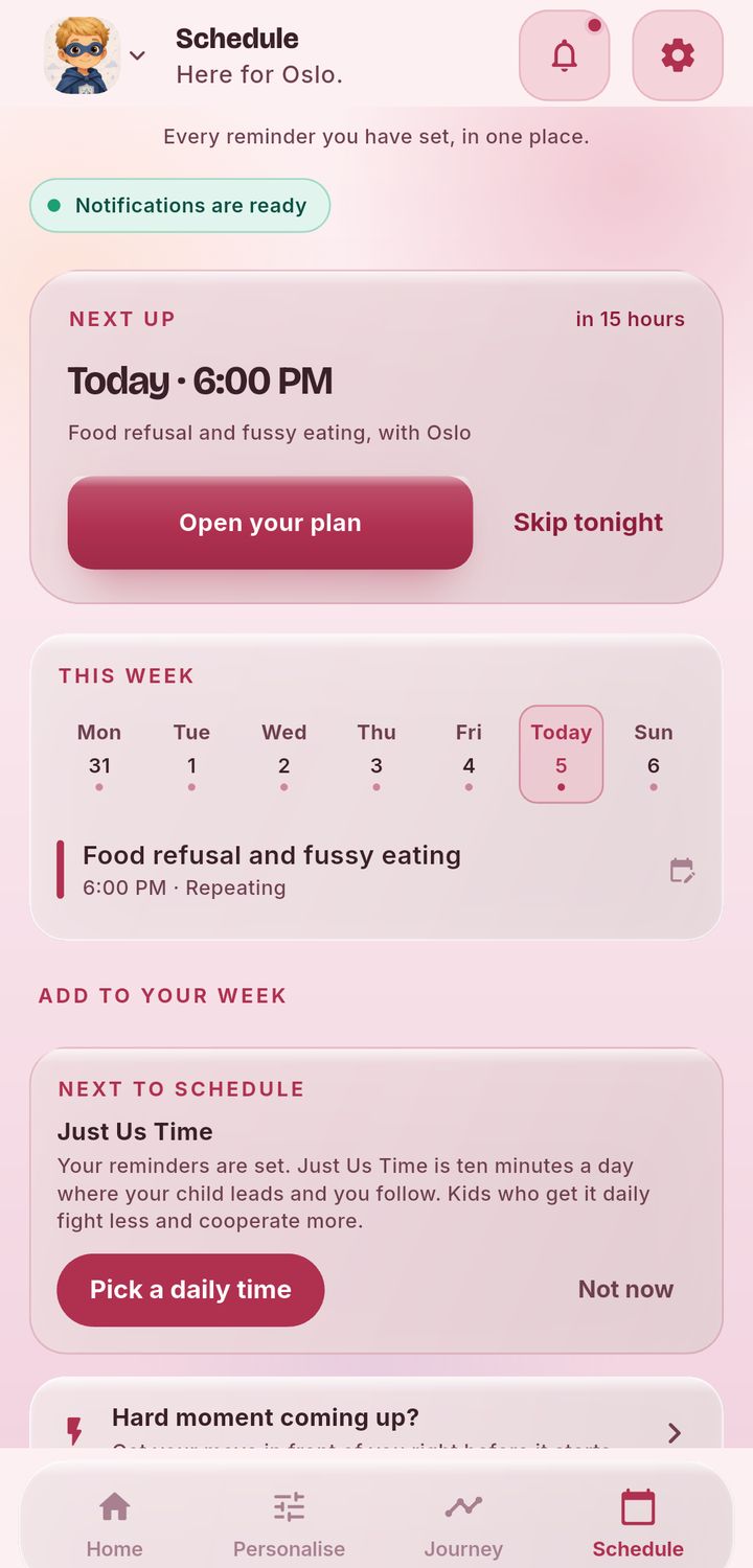 The Frazzle Schedule tab, every reminder in one place, with the next one due today at 6pm and a Just Us Time suggestion