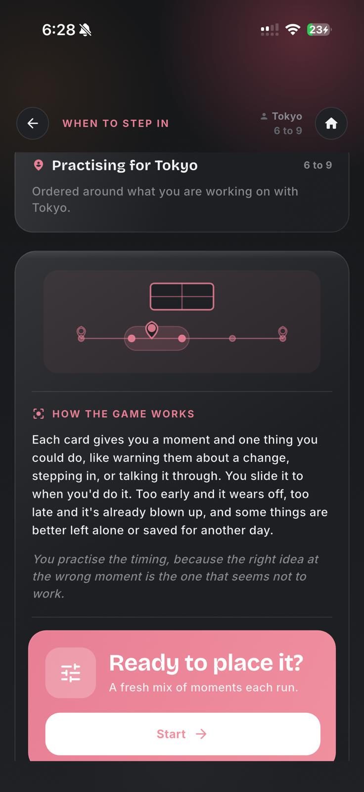 The Window game explainer in dark mode: slide the card to when you would do it, you practise the timing
